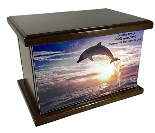 Cremation Urn, Wood funeral Urn, Dancing Dolphin Wooden Urn with custom personalization