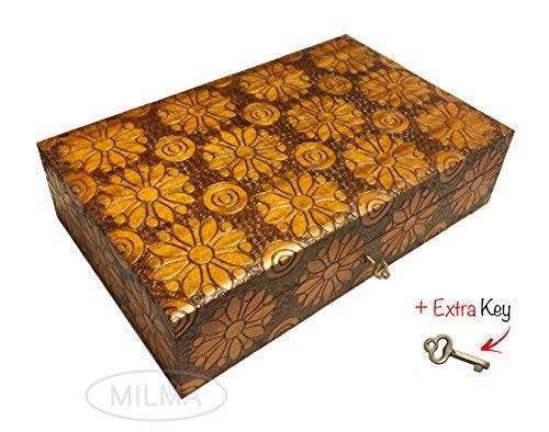 Large Collector Box Polish Handmade Jewelry Box Linden Wood Keepsake (Includes 1 Key), yellow brown, Large