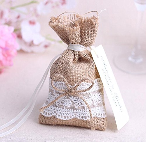 Burlap & Lace Drawstring Bag Jewelry Pouch, Wedding Party Favor, Gift/Candy Bag (100, 4)