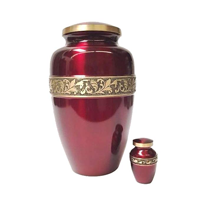 Solid Brass Burgundy Funeral Cremation Urn,with Keepsake