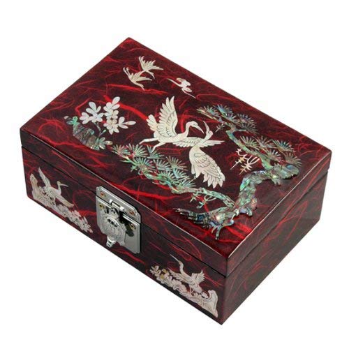 Mother of Pearl Birds and Pine Tree Design Lacquered Wooden Red Mirrored Jewelry Trinket Keepsake Treasure Gift Box Case Chest Organizer