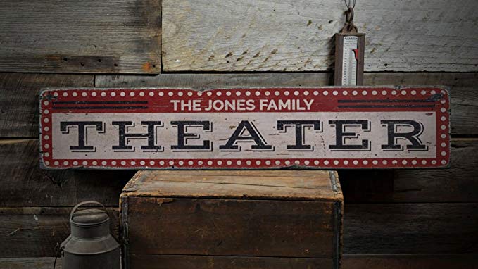 Theater Wood Sign, Custom Family Name Film Lover Room Sign, Movie Room Drive-In Home Decor - Rustic Hand Made Vintage Wooden Sign - 11.25 x 60 Inches