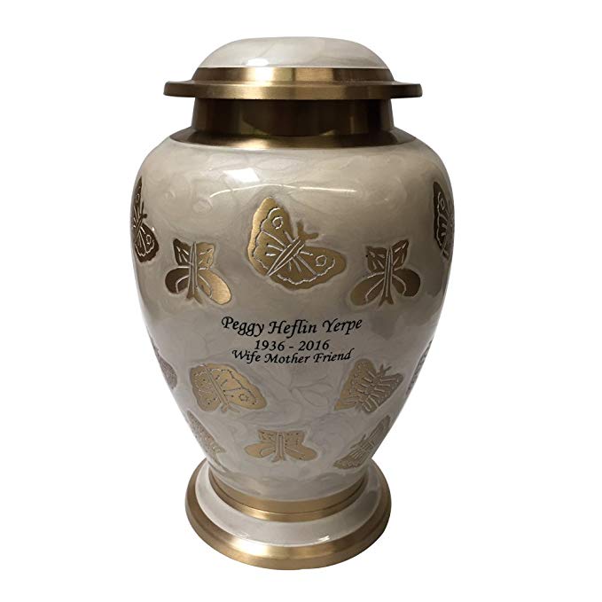 NWA Adult Human Cremation Urn, Pearl White and Gold Butterfly Funeral Urns with Personalization, and Velvet bag