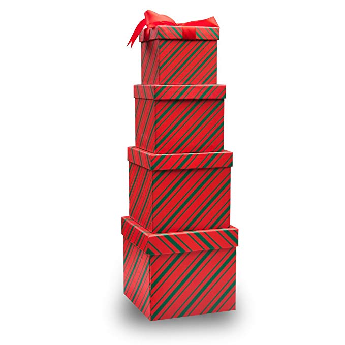 4 Christmas Gift Boxes Candy Cane Christmas Nesting Boxes with Lids in 4 Assorted Sizes for Holiday Decorative Wrapping Red and Green Stripes