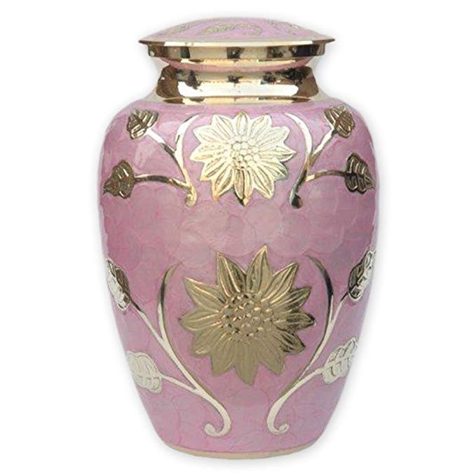 Pink Garden Cremation Urn by Beautiful Life Urns - Exquisite Funeral Urn Etched with Stunning Gold Flowers (Large)