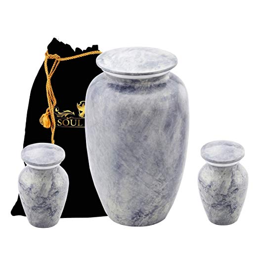 Funeral Urn by SoulUrns - Cremation Urn for Human Ashes - Marble Grey Aluminium Funeral Urn With Velvet Bag -Included 2 Keepsake Urn Memorial Ashes Urns