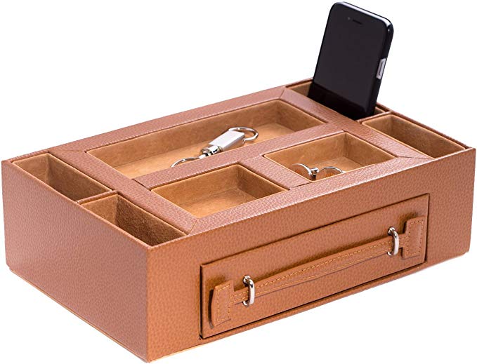 Leather Valet Box with Pen & Watch Drawer - Leather - 11W x 3H in.