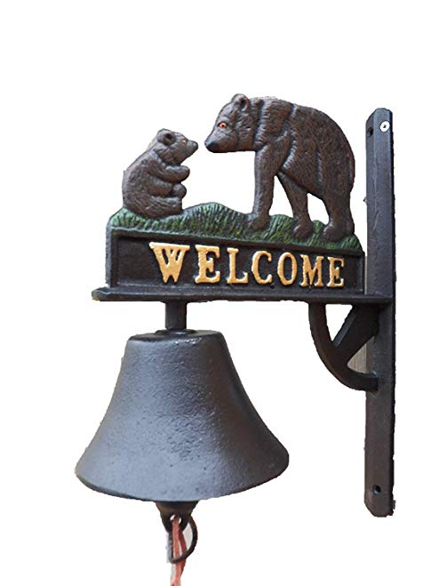 Antique-Style Cast Iron Painted Bears Motif Welcome Dinner Bell Windchime Wind Chime Grizzly