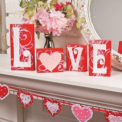 Love Blocks Wooden V-day Gift Table Top Decoration Home Accent Red Pink White Scrolls Heart Shape Design Romantic Sign L O V E Words Valentine's Day Decor