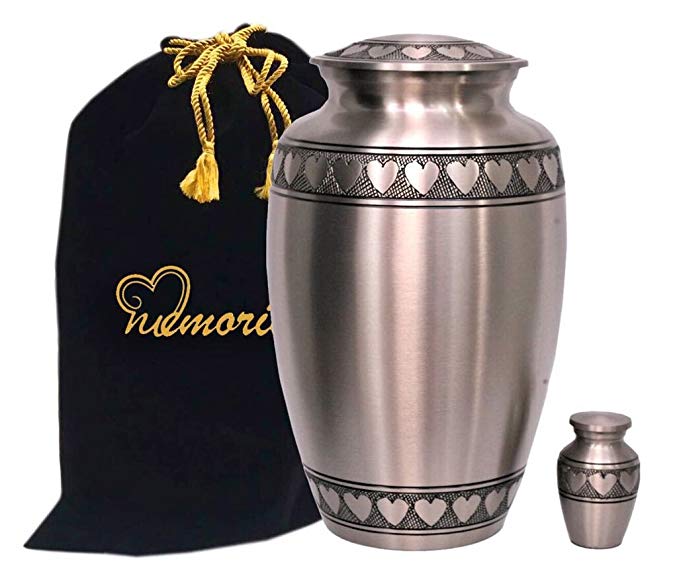 MEMORIALS 4U Classic Pewter with Heart Band Cremation Urn - 100% Handcrafted Large Pewter Heart Urn - Solid Brass Affordable Pewter Urn for Human Ashes - Adult Funeral Urn Deal with Free Keepsake