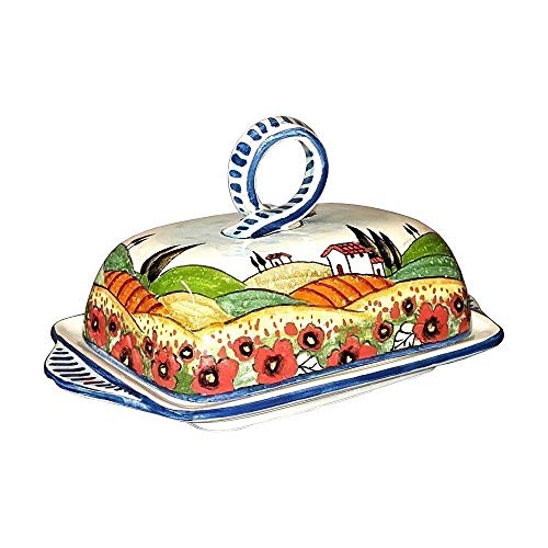 CERAMICHE D'ARTE PARRINI- Italian Ceramic Butter Dish Hand Painted Decorated Poppies Landscape Made in ITALY Tuscan Art Pottery