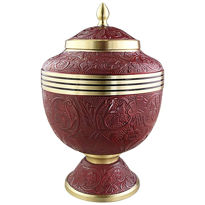 Funeral Urns for Ashes - Cremation Urns for Human Ashes Adult and Pet - Hand Made in Brass & Hand Engraved - Display Burial Urn At Home or in Niche at Columbarium (Burgundy-Red Gorgeous, Large Urn)