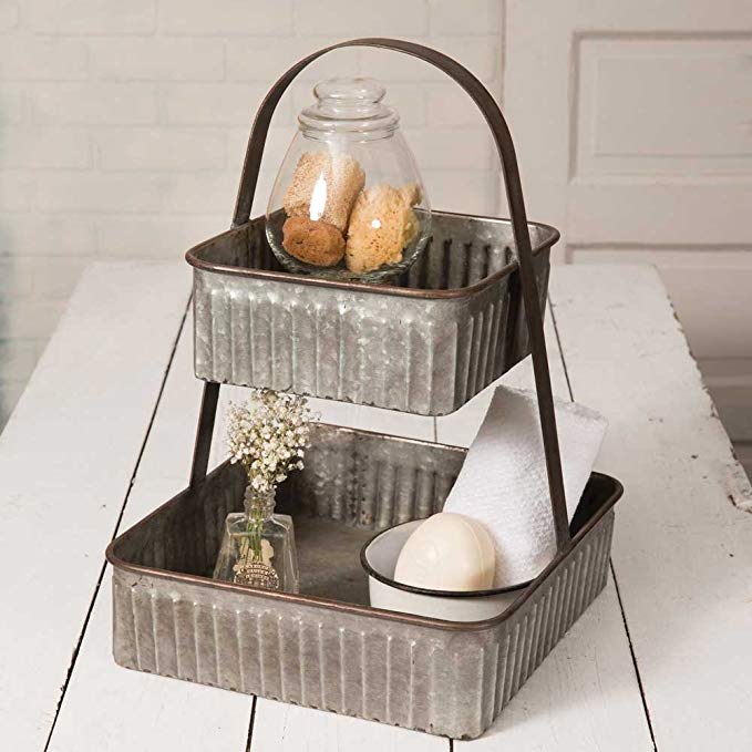 Colonial Tin Works Rustic Industrial Farmhouse Chic Two Tiered Corrugated Square Tray,grey