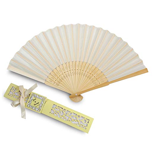 Doris Home 50pcs Ivory White Silk Bamboo Handheld Folded Fan Personalized Wedding Favor Fan with Laser Cut Gift Box for White Bridal Gift Party Favors (with Customize Names) FAN01-50INAME