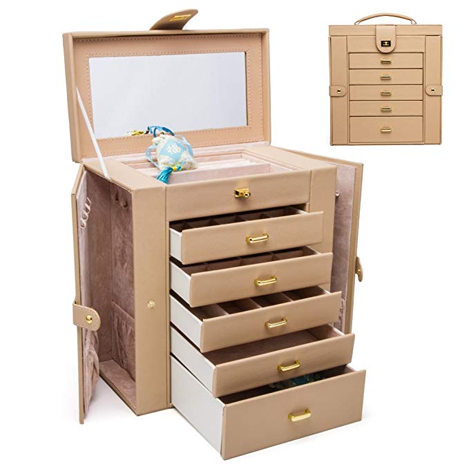 HEZALA Large Jewelry Organizer, Protoplasm PU Leather Jewelry Box, Lockable Mirrored Storage Case, Beige