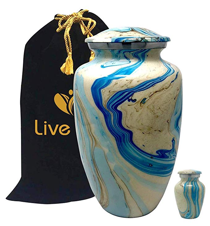 Liveurns Majestic Swirl Metal Cremation Urn - Adult Urn - Solid Metal Funeral Urn - Handcrafted Adult Funeral Urn for Ashes - Great Urn Deal - Free Keepsake Included (Blue Swirl)