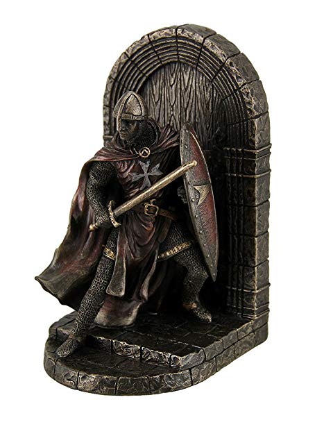 Resin Decorative Bookends Maltese Crusader Statue In Armor Guarding Door Holding Shield & Sword Bookend 4.75 X 7.5 X 4.25 Inches Bronze