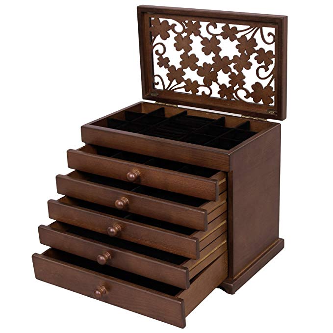 SONGMICS Large Jewelry Organizer Wooden Storage Box 6 Layers Case with 5 Drawers Gift for Mom,Dark Brown UJOW56W