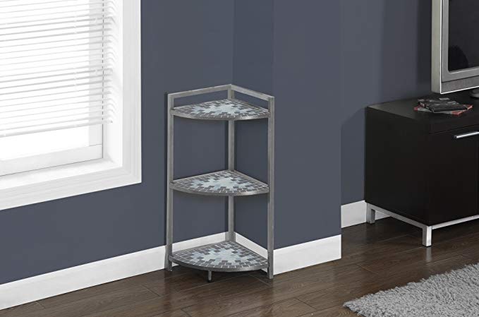 Monarch Specialties Grey/Blue Tile Top/Hammered Silver Corner Etagere, 30-Inch