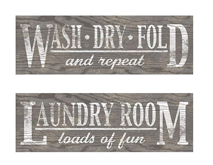 PosterArtNow Classic Grey Laundry Signs on Wood-panel Style Background; Two 18x6in MDF mounted Laundry Prints