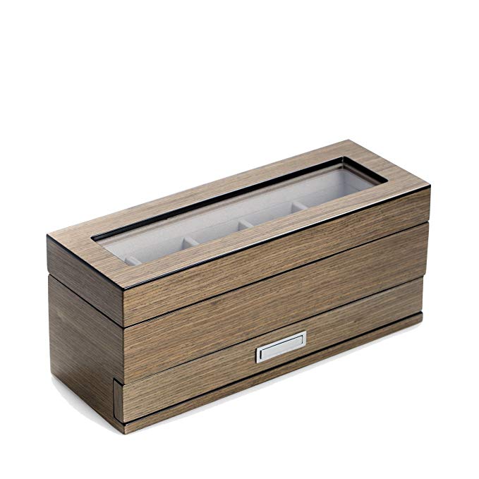 Bey Berk Lacquered Gray Wood 5 Watch Box with Glass Top