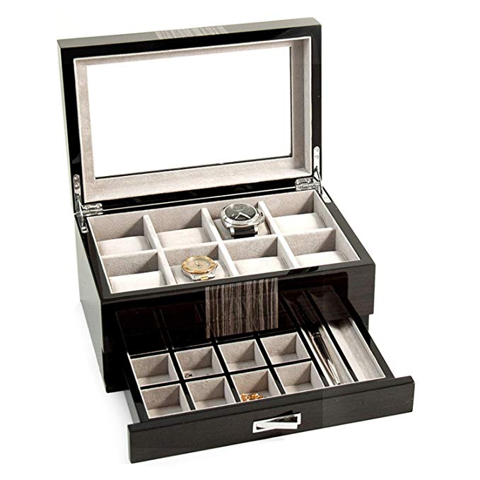 Mens Gifts - Wooden Watch Box with Glass Top and Drawer - Valet Box - Watch Case - Mens Accessories