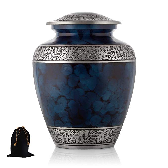 Hind Handicrafts Elite Cloud Blue and Silver Cremation Urn for Human Ashes - Adult Funeral Urn Handcrafted - Affordable Urn for Ashes (7.25'' x 7.25'' x 9.5'' - 200lbs or 91kg) (Bag Included)