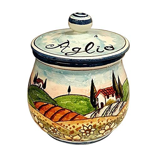 CERAMICHE D'ARTE PARRINI- Italian Ceramic Brings Garlic Jar Holder Hand Painted Decorated Sunflowers Tuscan Landscape Made in ITALY Tuscan Art Pottery