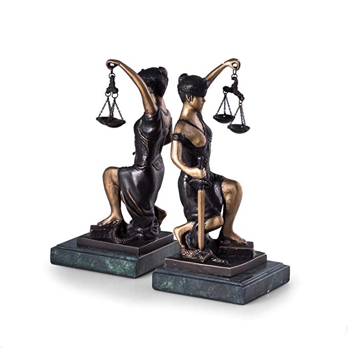 Paloma Collection AJ-R19J Kneeling Lady Justice Bookends on Green Marble Base, Bronze/Green Marble