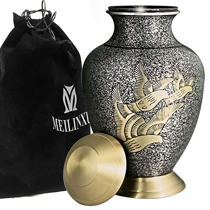 MEILINXU Funeral Urn Adult Ashes, Cremation Urn Human Ashes Adult - Hand Made in Brass/Hand Engraved Display Burial Urn at Home in Niche at Columbarium (Golden Arcadia Flying Birds, Large Urn Ashes