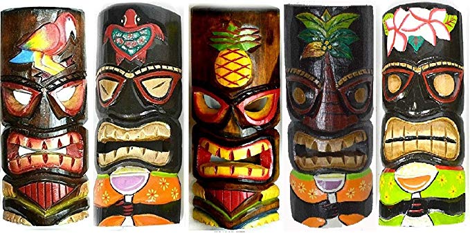 SET OF 5 HAND CARVED POLYNESIAN HAWAIIAN TIKI STYLE MASKS 12 IN TALL turtle pineapple colorful flower parrot