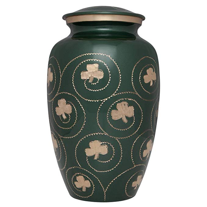 Ansons Urns Shamrock Cremation Urn - Clover Funeral Urn in Irish Green - Burial Urn for Human Ashes - Detailed Hand Engraving - 100% Brass
