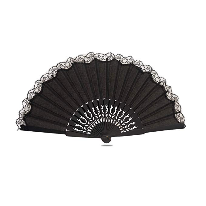 Ole Ole Flamenco Hand Fan Black Pericon with Red Lace Spanish handmade of wooden and fabric 12 inches (31 cm) ideal for Flamenco dance Abanico Pericon