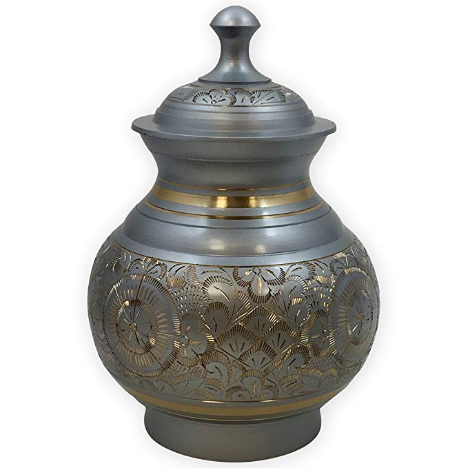 Vienna Small Cremation Urn by Beautiful Life Urns - Intricate Silver Urn Etched with Gold