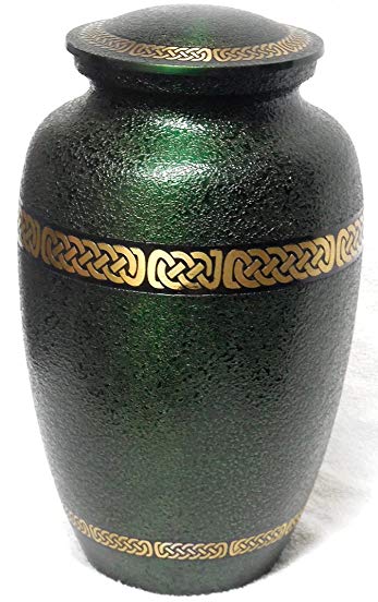 Ansons Urns Cremation Urn - Deep Green and Gold Funeral Urn for Human Ashes - Burial urn with two-stage finish - 100% Brass (Green Links Model)