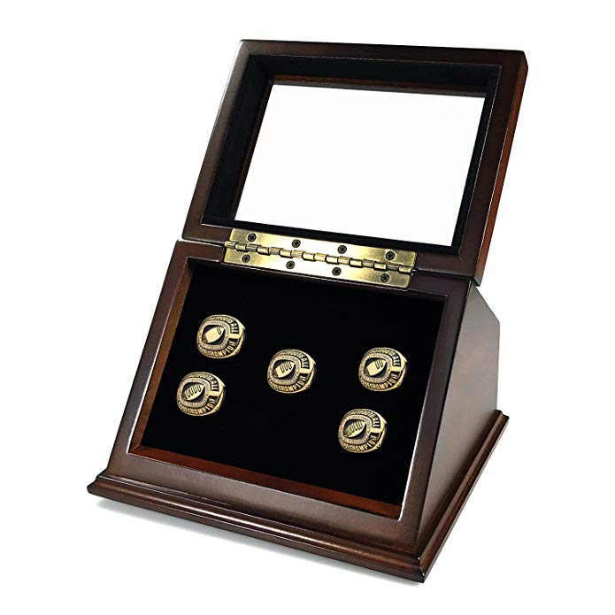 AKATTAK Championship Ring Display Case Box For 5 Rings and 3 Rings Real Wood and Framed Glass Lid Gift for Sports Fans