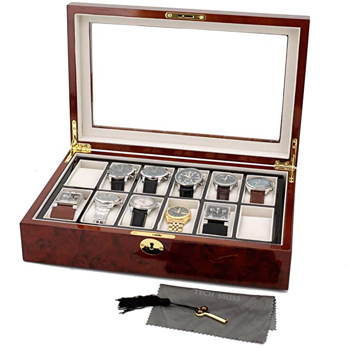 Watch Box for 12 Watches Burlwood Finish Inlaid Edge Window Removable Tray Extra Clearance Key