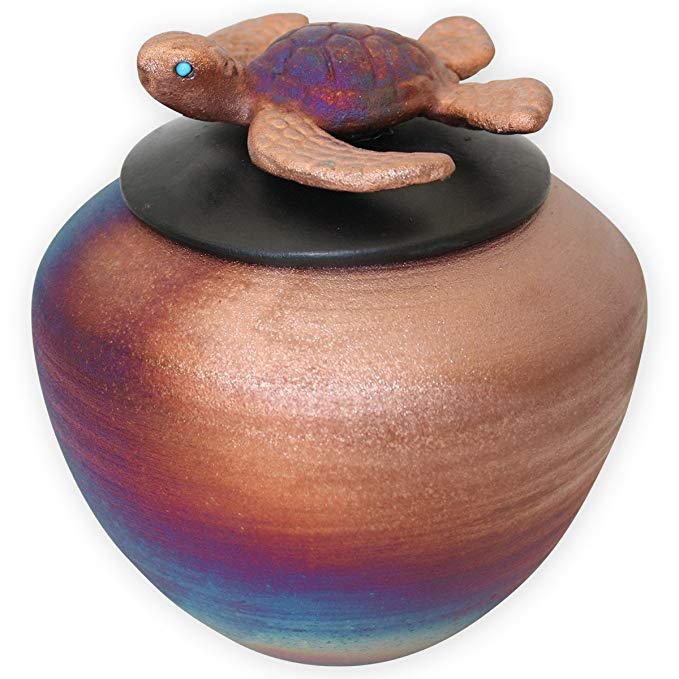 Beautiful Life Urns Honu Ceramic Small Cremation Urn - Handmade Funeral Urn Topped with a Sculpted Sea Turtle