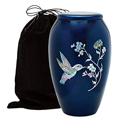 Mother of Pearl Inlaid Metal Cremation Urn - MOP Cremation Urn - Solid Metal Funeral Urn - Handcrafted Adult Funeral Urn for Ashes - Great Urn Deal with Free Bag (Hummingbird)
