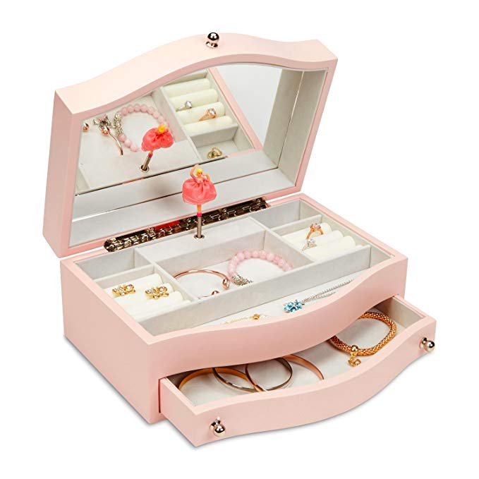 JewelKeeper Girls Wooden Music Jewelry Box with Pullout Drawer, Classic Design with Ballerina and Mirror, Somewhere Over The Rainbow Tune, Rose Pink