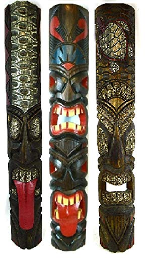 40 In Set of 3 Tribal Polynesian Tiki Bar Turtle Pineapple Design Masks Hand Carved Island tropical Decor