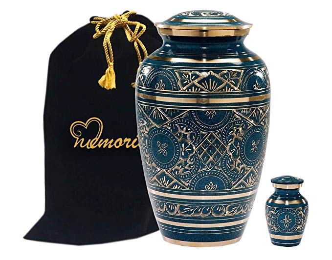 MEMORIALS 4U Caribbean Blue Cremation Urn - Handcrafted Classic Azure Urn for Ashes - Majestic Blue Funeral Urn with Beautiful Gold Etched Design - Large Urn with Free Keepsake & Bag