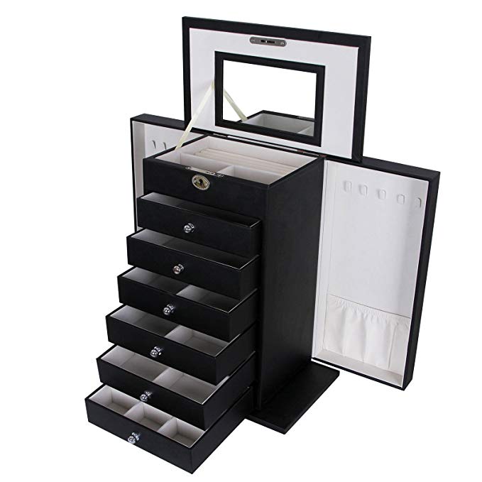 SONGMICS Black Jewelry Box Large Cabinet Faux Leather Storage Case Organizer with Lock and Mirror UJBC06B