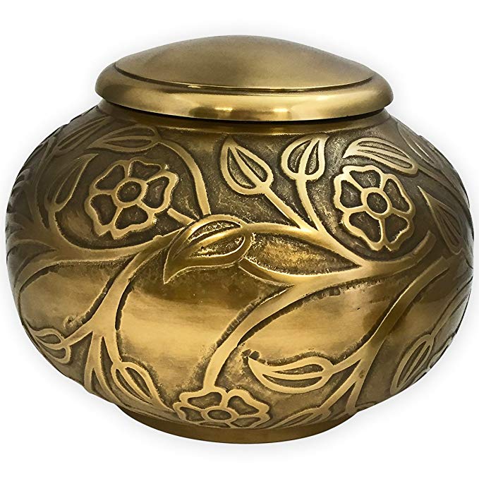 Beautiful Life Urns Florence Antiqued Brass Adult Cremation Urn - Unique Funeral Urn Raised Floral Pattern (Large)