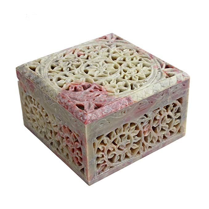 Soapstone Jewelry Box Keepsake Storage Organizer Hand Carved Design