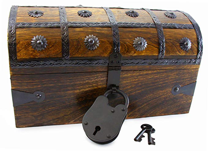 Well Pack Box Wooden Pirate Treasure Chest Box 11” x 7” x 7” Anne Bonnie Model Authentic Antique Style With Black Hasp Latch Includes Master Padlock & Vintage Skeleton Keys