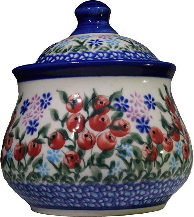 Polish Pottery Ceramika Boleslawiec 0051/282 1-Cup Iza Sugar Bowl, Royal Blue Patterns, Red Berries and Green Leaves Accented with Daisy Clusters