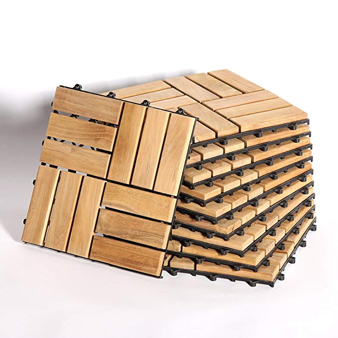 Quick Connect - Teak Interlocking Flooring Tiles - Windmill Pattern - Natural Finish - 10 Square Feet