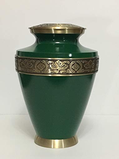 Indian Artefacts Funeral urn Handcrafted Green Cremation Urn with Gold Floral Border for Adult Human Ashes,10 Inches High Affordable Urn for Human Ashes - Large Urn Deal