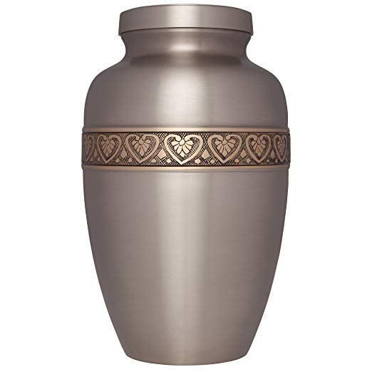 Silver Funeral Urn by Liliane Memorials - Cremation Urn for Human Ashes - Hand Made in Brass - Suitable for Cemetery Burial or Niche - Large Size fits remains of Adults up to 200 lbs - Coeur Model